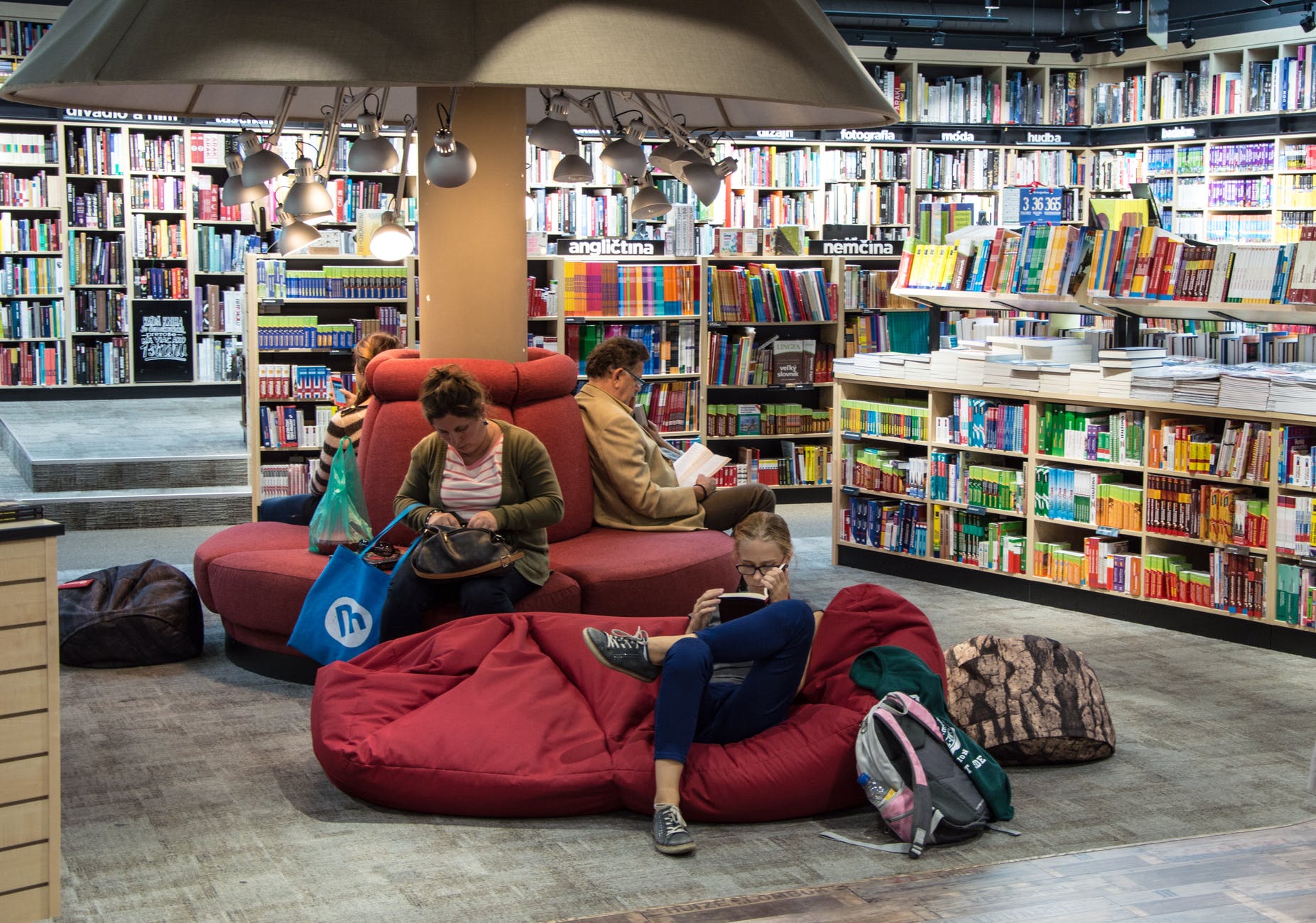 people sitting reading books in a bookstore or library