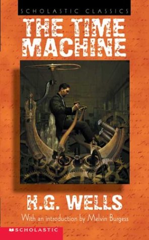 schoolastic orange cover of the time machine by hg wells man sitting in time machine painting art